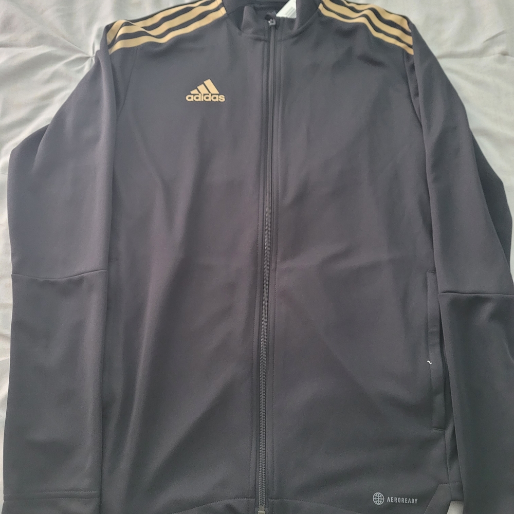 Adidas Men's Black Windbreaker with Gold Stripes
